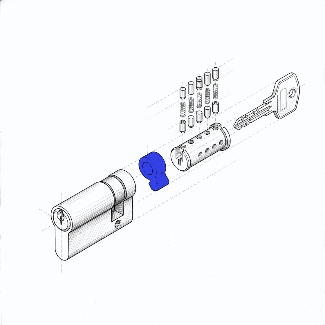 Despiece de un medio bombín de perfil europeo: cuerpo, leva, rotor, pitones con muelles y llave. Ilustración generada con IA.